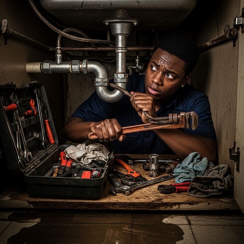 New plumbing lines and fixtures installed in a renovated bathroom.